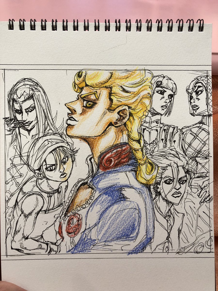 666n999's tweet photo. 数万年ぶりに絵描いた結果😉

①10分線��チャレンジ！→首だけアバッキオ
②なんとか線画終わらす
③10分着彩チャレンジ！→ジョルノで終了
④なんとか着水まで終わらす
これほどのものか…

#jojo #ジョジョ https://t.co/k0rqvDWaIp