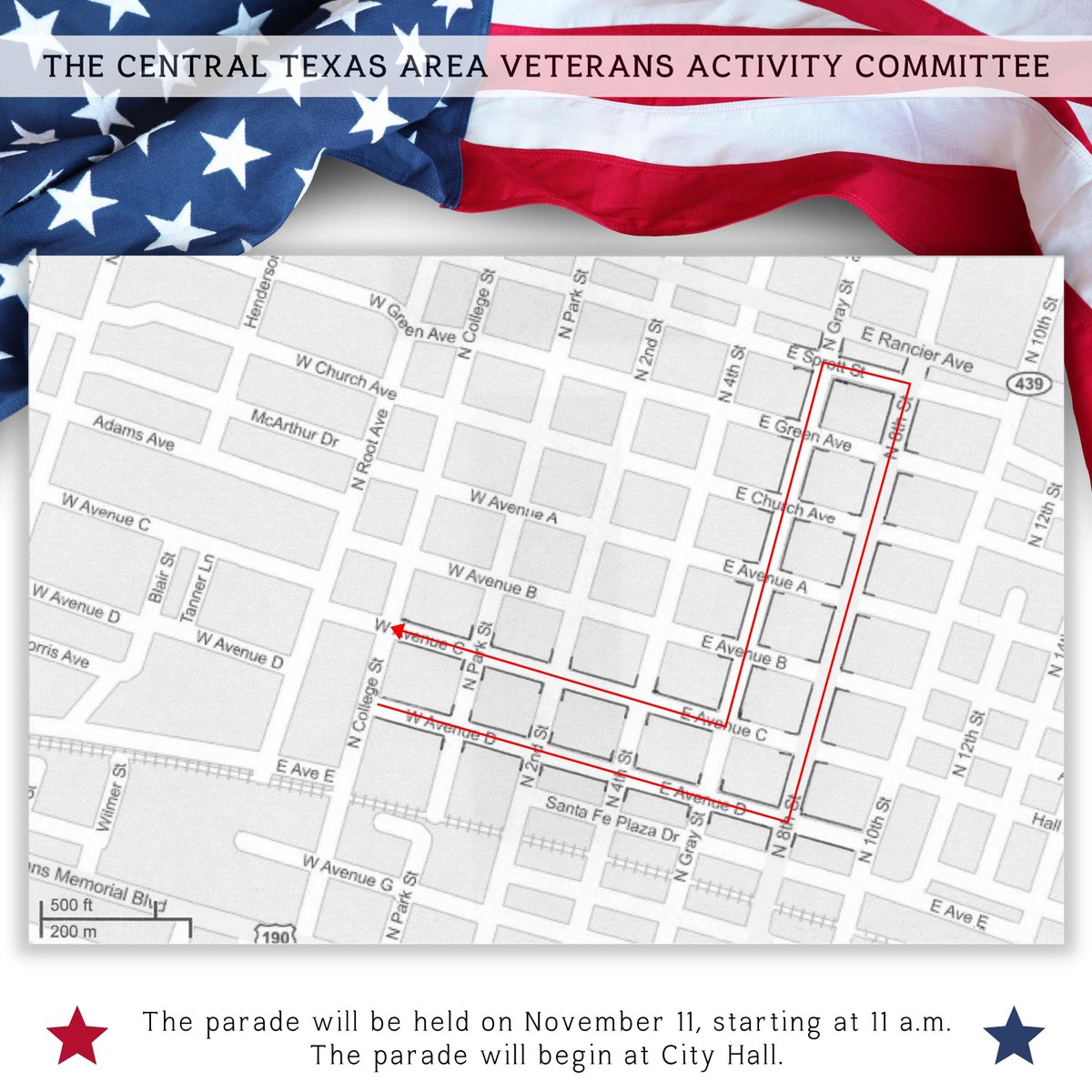 The Killeen Veterans Day Parade will be held on Nov. 11 starting at 11 a.m. Prior to the parade, Mayor Debbie Nash-King will receive a certificate of recognition from the Department of Veterans Affairs as Killeen has been designated a site for the Veterans Day celebration.