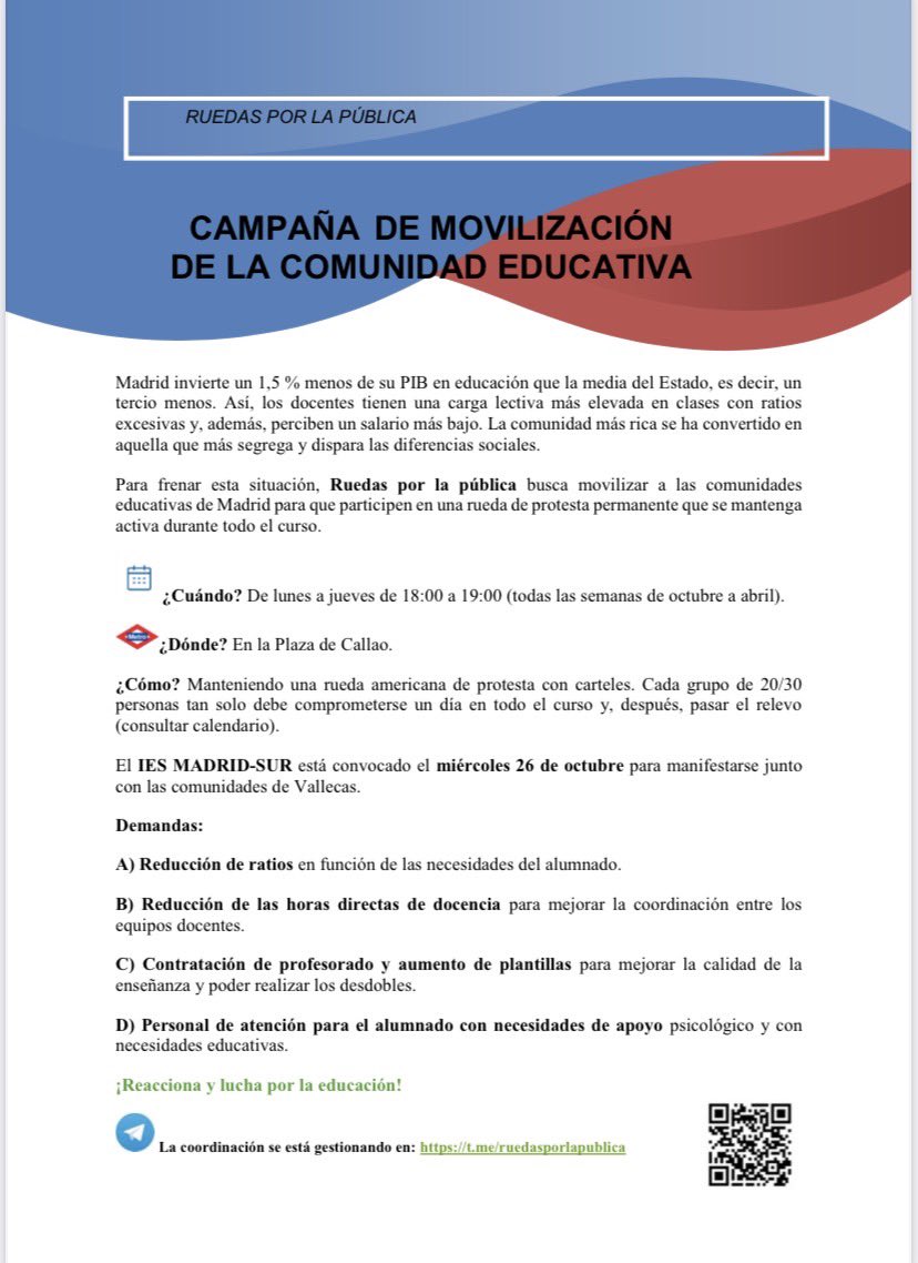 VenaMareaVerde's tweet photo. HOY, 2️⃣6️⃣ de octubre,

#RuedasPorLaPública

-> Ruedas de #Vallecas: IES Villa de Vallecas, IES Madrid Sur y otros centros educativos 

⏰ de 18 a 19 h., 

📍en la Plaza de Callao

https://t.co/Vfub2Hjjqn https://t.co/MsvvPIBA0y