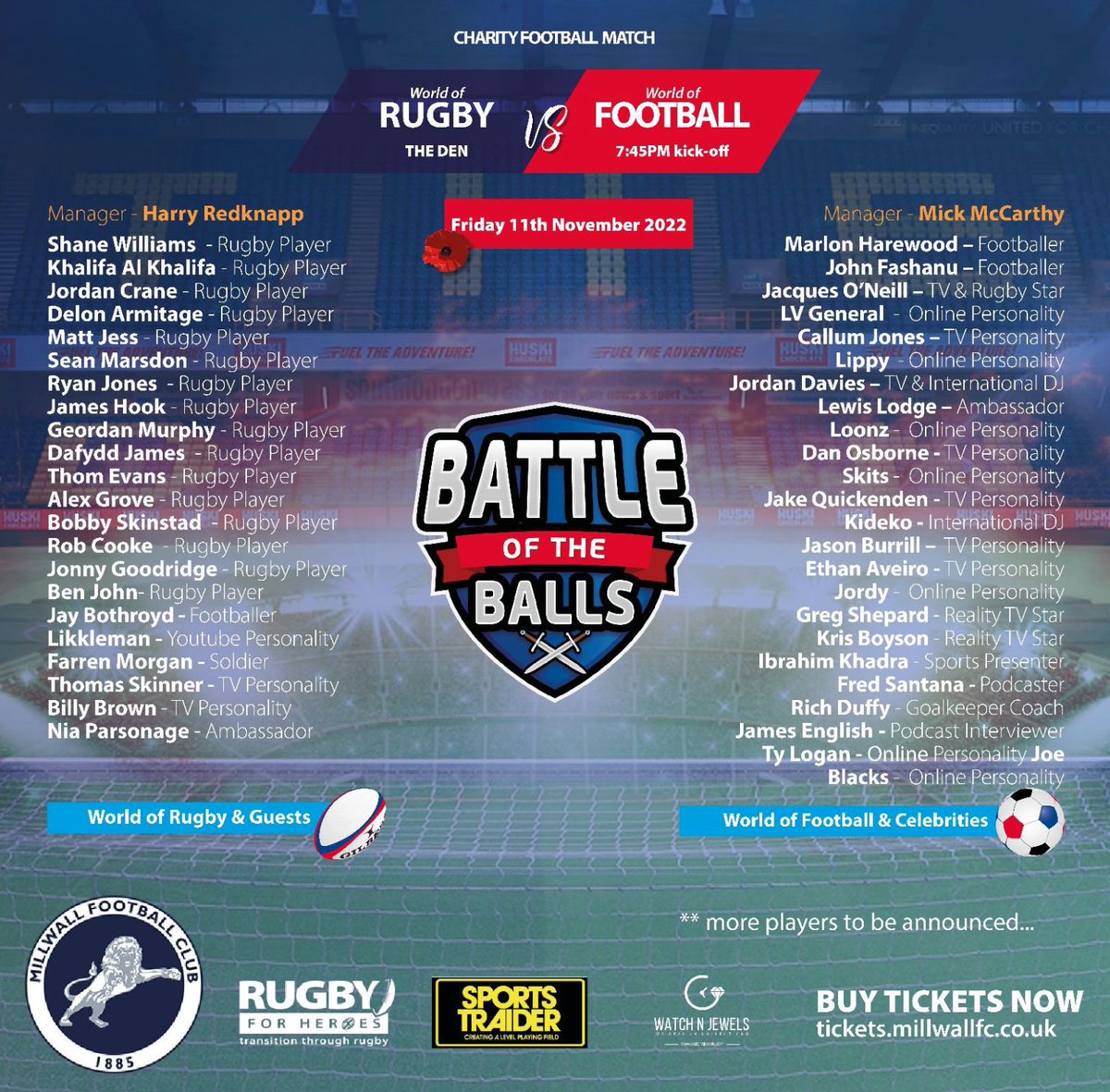 Delighted and excited to announce that we'll be performing at half time in support of @Rugbyforheroes at this fabulous rugby vs football charity match. Why not come and join us? @BattleOTBalls @MillwallFC @MrNickKnowles @miketindall13 @SportsTraiderUK @BFBSRadioHQ