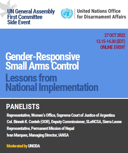 #UNGA #FirstComitee #SideEvent
Join us at the side event on 'Gender Responsive Small Arms Control'.  Argentina will be representing the LAC region.