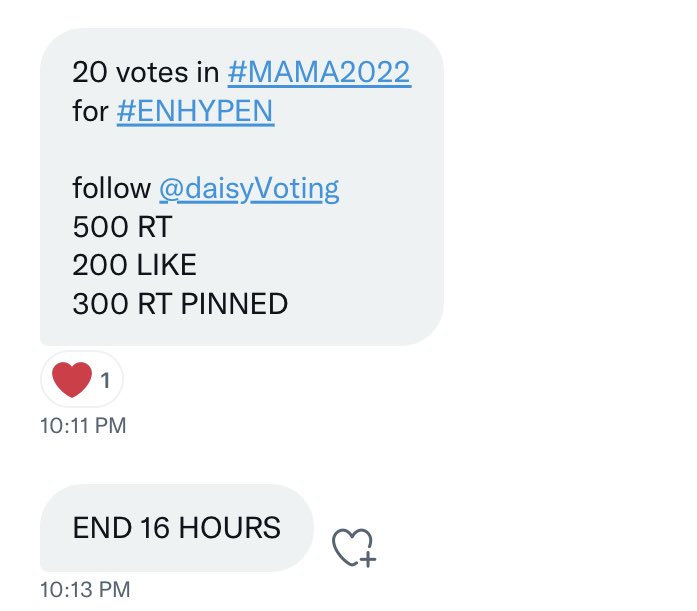 20 votes in #MAMA2022
for #ENHYPEN

follow <a href="/daisyVoting/">🌼FREE DAISY VOTES🌼</a> 
500 RT
200 LIKE
<a href="/daisyVoting/">🌼FREE DAISY VOTES🌼</a>’s pinned tweet must reach 300 retweets. 
ends in 16 hours !! let’s finish the deal quickly