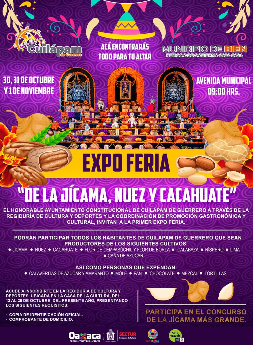 Expo Feria de la Jícama, Nuez y Cacahuate, 30 y 31 de Octubre y 1 de noviembre de 2022, Cuilápam de Guerrero.
#Oaxaca #TwitterOax #México #Turismo <a href="/TeInvitoaOaxaca/">Te Invito a Oaxaca</a> #OaxacaLoTieneTodo