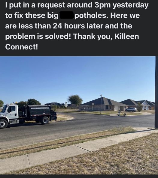 #AnotherHappyCustomer! Check out what a Killeen resident posted after using our #KilleenConnect app! SEE a problem, snap a photo and CLICK your app to upload the issue and submit, then follow the progress as your concern is FIXED! #SeeClickFix #KilleenConnectApp #ItsLive