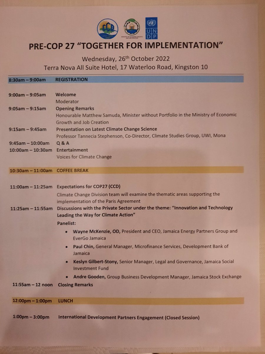 Our annual Pre-COP event is on this morning.

Join us in person at the Terra Nova or on FB @megjc_jm

#TogetherForImplementation
#ClimateAction
#COP27
#JamaicaAtCOP27