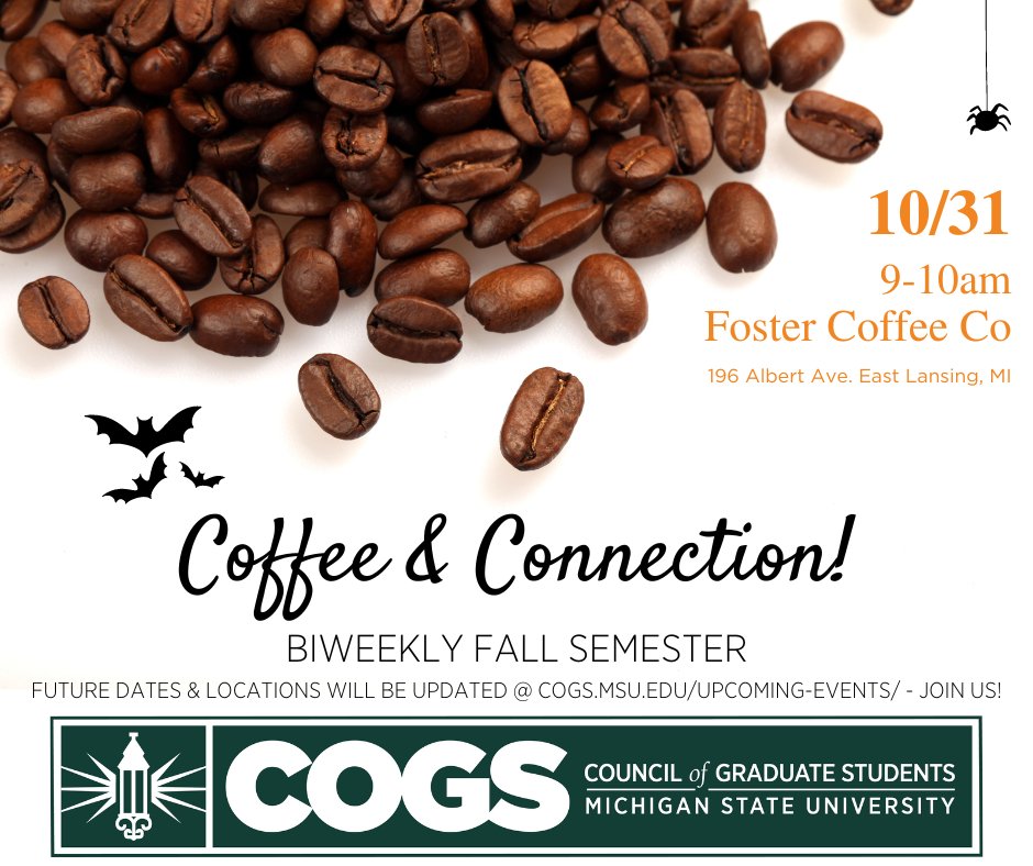 Graduate &amp; professional students! Join us this
Monday, October 31st for another Coffee &amp; Connection!
This one will be held at Foster Coffee Co from 9 AM -
10 AM. We can't wait to see you all Halloween morning!