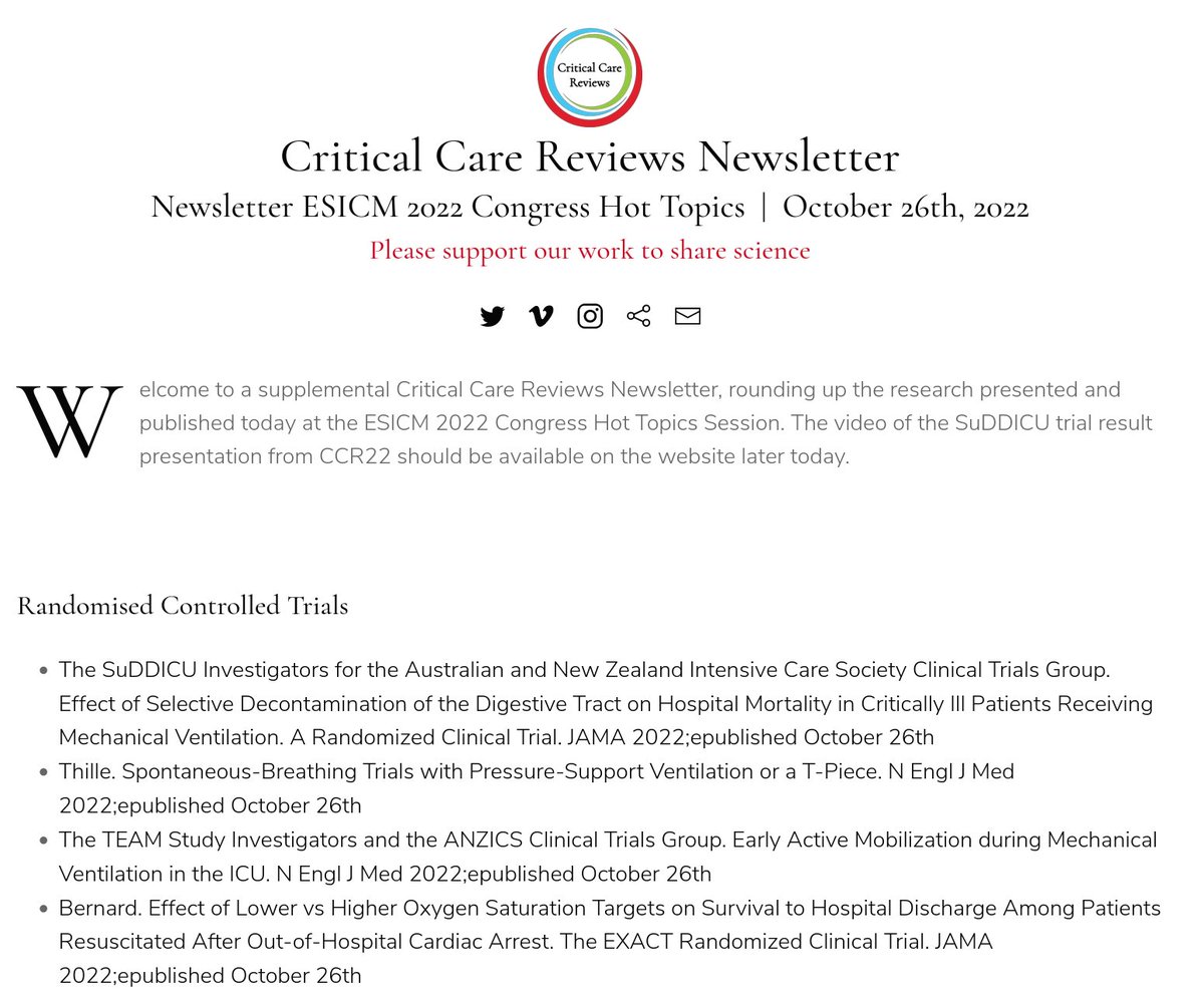 A supplemental Critical Care Reviews Newsletter containing links to the major publications from today's @ESICM 2022 Congress Hot Topics Session, is now out criticalcarereviews.com/newsletters/cu…