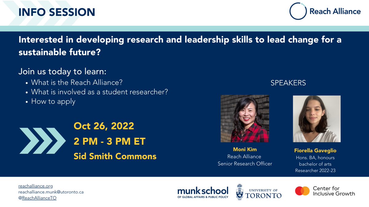 ReachAllianceTO's tweet photo. Don't miss out on the chance to learn about @ReachAllianceTO TODAY at 2pm @UofTArtSci
 International Opportunities Week Info Session!

Hear from current #UofT student researcher Fiorella Gaveglio and Senior Research Officer @_MoniKim on how you can join our global network! https://t.co/BxCmYAFlX9