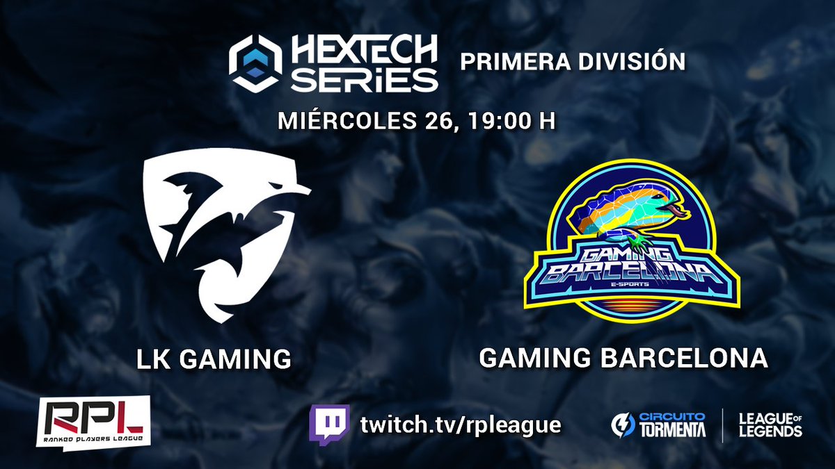 ¡La #HextechSeries de <a href="/SomosLaTormenta/">Circuito Tormenta</a> arranca para dos equipos que vienen a darlo todo en esta Primera División!

A las 19:00 h <a href="/LKGamingClub/">LK Gaming</a> se ve las caras con <a href="/GamingBarxelona/">Gaming Barcelona eSports Club</a> y lo veremos en directo en nuestro canal.

🎙️ <a href="/grose_caster/">Grose</a> @Rogerguix99 
📺 twitch.tv/rpleague