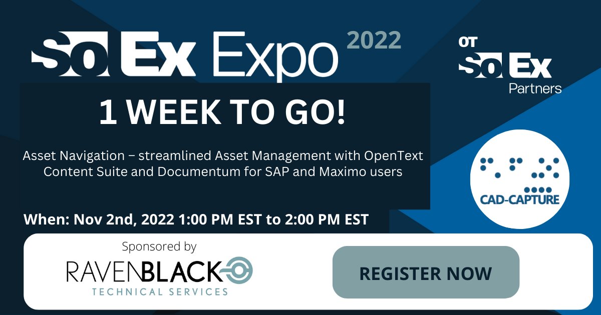 cadcap's tweet photo. Register here: https://t.co/9B8KF27qBs
Just 1 week to go until the 2022 SolEx Expo! Have you registered yet?
#OpenText #ContentSuite #ECM #xECM #EIM #OTSolEx #SolExExpo #Documentum #Maximo #SAP https://t.co/7plmaR16Ii