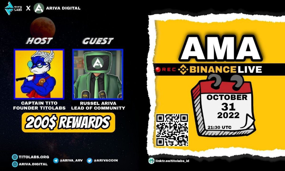 Join us on #Binance Live for an AMA with the @titolabs_id and Russel from #Ariva Team 🗓️ October 31, 2022. ⏰ 09:30 pm UTC. Set a reminder: binance.me/en/live/video?…