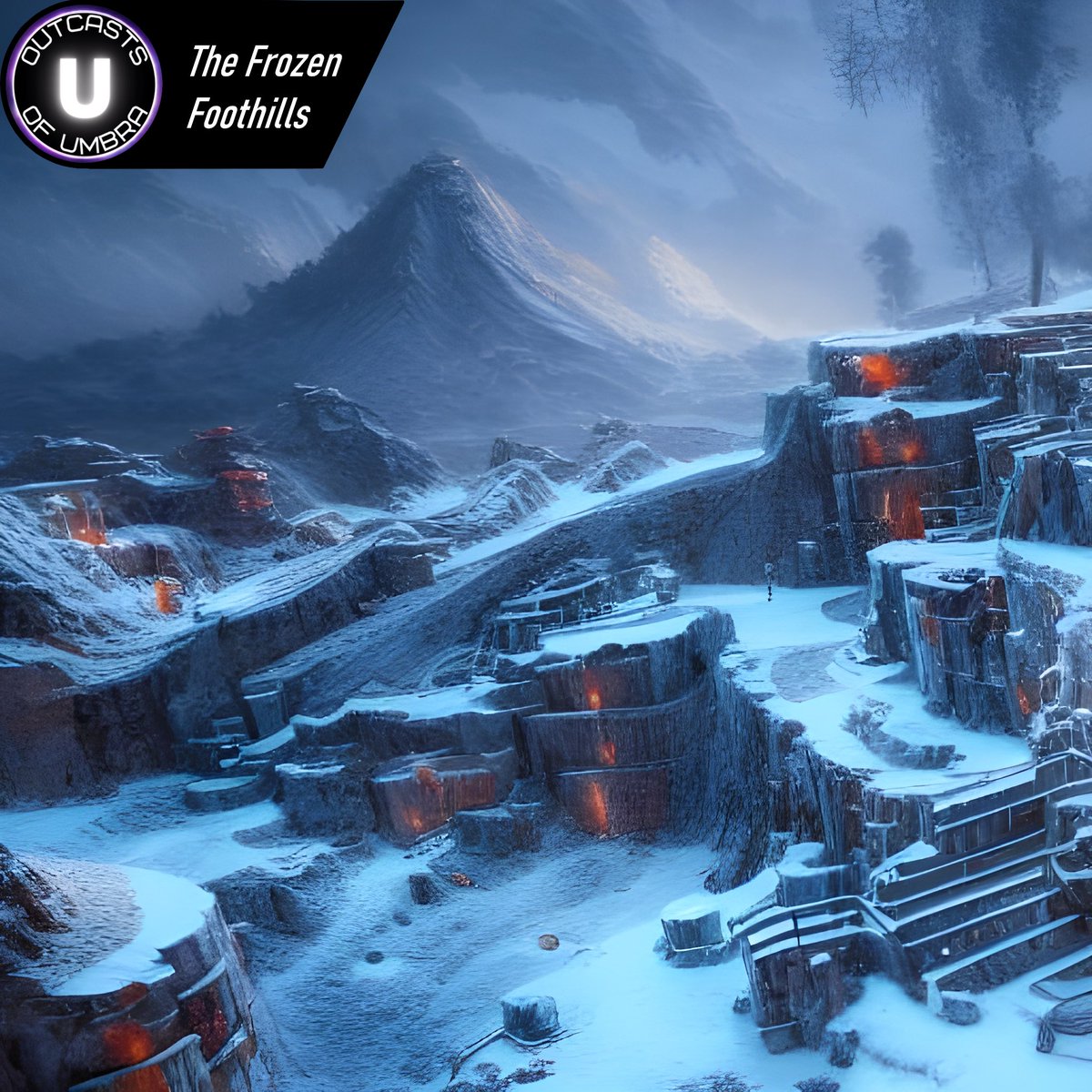 OutcastsOfUmbra's tweet photo. At the base of the most imposing mountain range, the Frozen Foothills provides access to precious minerals laying within The Mines. 

The frigid winds from the north meet the bitter winds of the mountain, making this outpost the only escape from the cold.

#StayInTheShadows🥷 https://t.co/sKnPXsj1wR