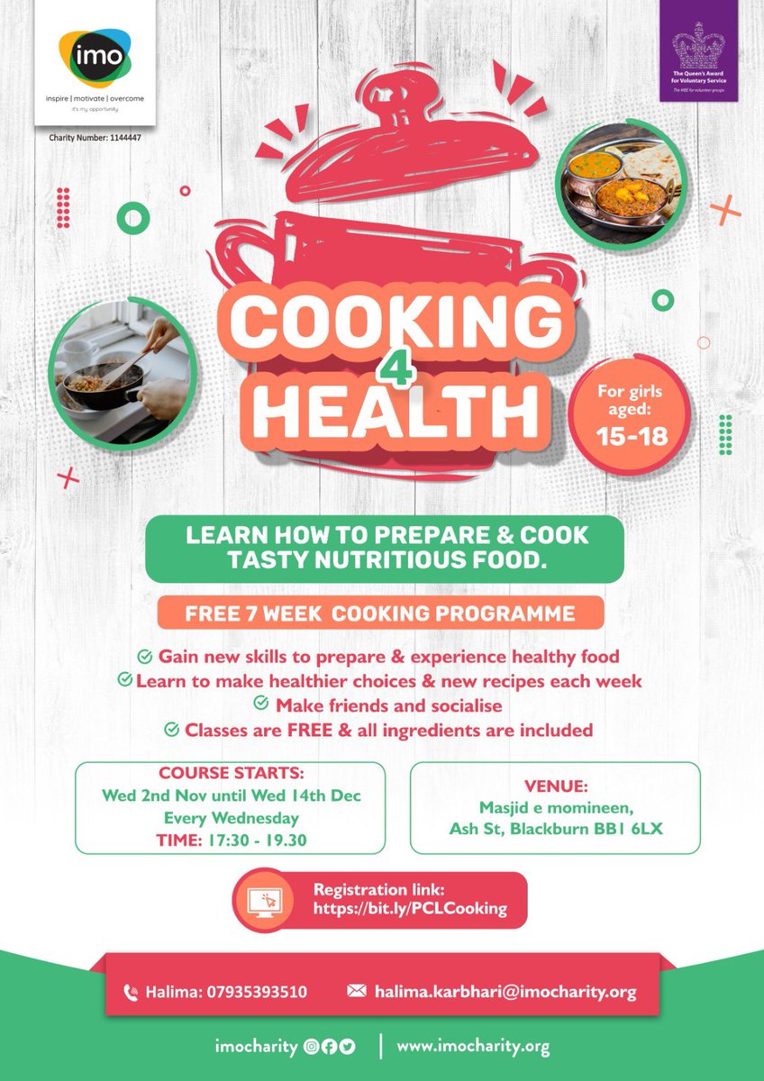 imocharity's tweet photo. We will be running our popular #Cooking4Health group for girls aged 15 - 18 @MasjidMomineen starting from next Wednesday. For more ℹ️ contact halima.karbhari@imocharity.org Limited Spaces! @BWDDPH @BwDDenise @jayne_ivory @ImranAkujii #HealthyEating #recipes #Foodie #Wellbeing https://t.co/7Bo8ctKo6g