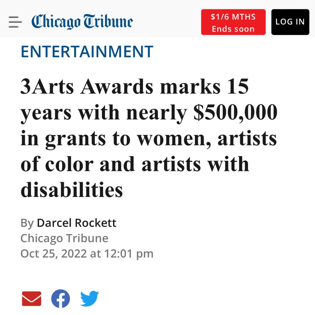 Thank you @chicagotribune for spotlighting our 2022 3Arts Awardee and Make A Wave Artists announcement! Read the article to hear from our Executive Director Esther Grisham Grimm and two new #3ArtsAwardees, Peregrine Bermas and Miranda Gonzalez.