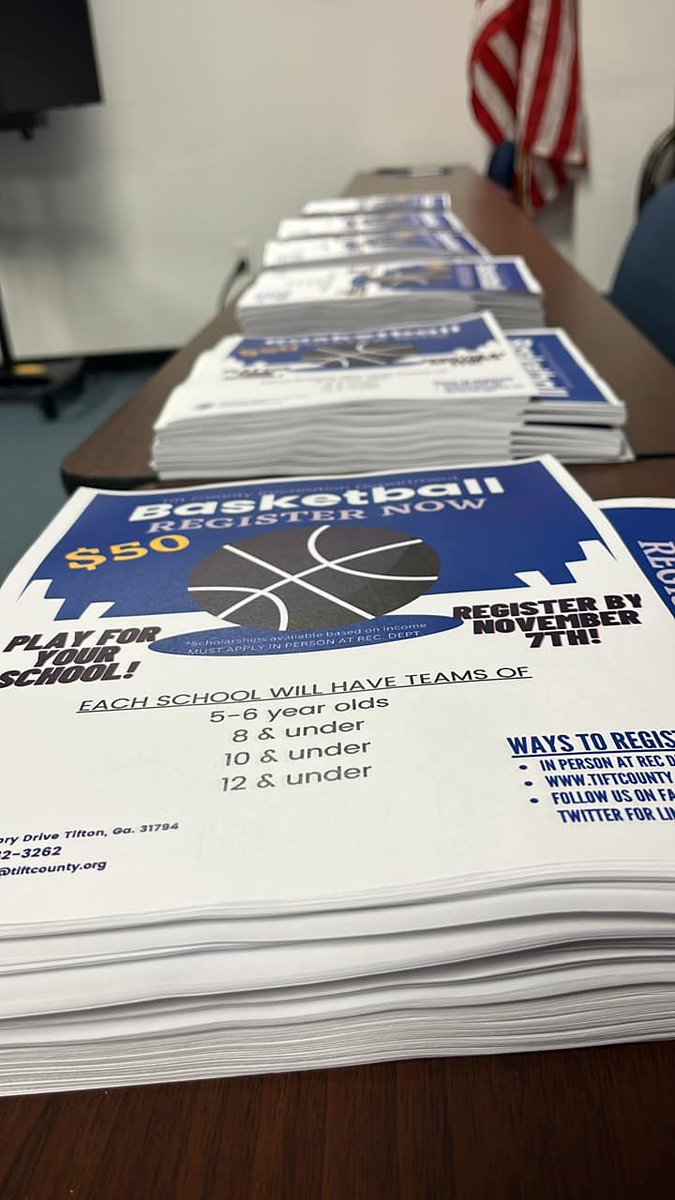 TiftRecreation's tweet photo. Flyers for baskeball registration getting prepped to go home with Tift County kiddos! Be on the lookout! #4theT https://t.co/LngeolmH9U