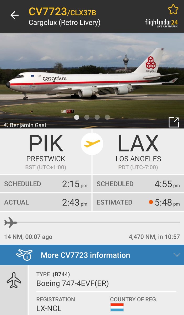 BloodyPolitics's tweet photo. The retro livery Cargolux 747 Queen of the Skies #CV7723 from Prestwick to Los Angeles appears out of the clouds just long enough for a single shot. 📸 😁 

#LXNCL
#CLX37B 
#AVGEEK 

https://t.co/CP40Pm4aZz https://t.co/ajbzuY36vs