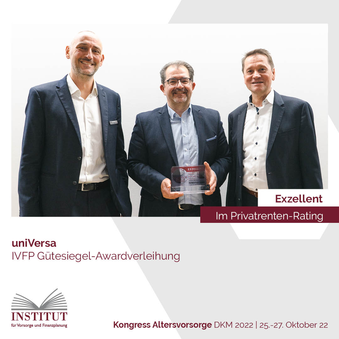 Wir gratulieren der uniVersa zum #Gütesiegel-Award und der 5-Sterne-Bewertung in unserem Privatrenten-Rating.   

Die Übergabe erfolgte durch Prof. Michael Hauer und Georg Goedeckemeyer an Matthias Merkel.