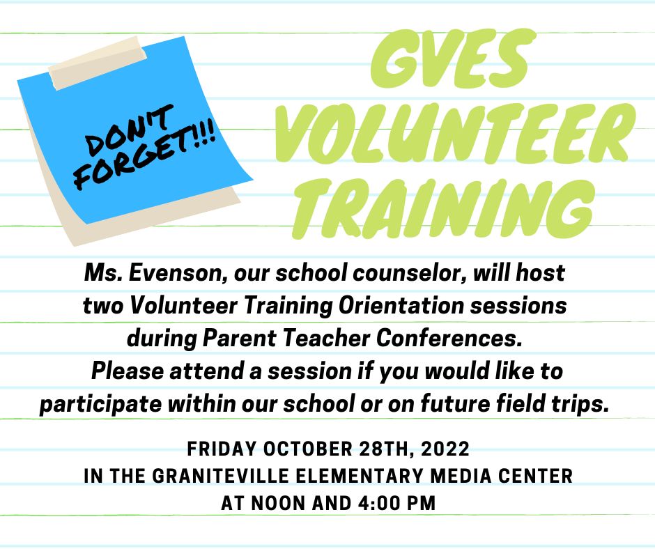 Graniteville Elementary School (@gves_gators) on Twitter photo Volunteer Training this Friday in the GVES Library! Volunteer Training this Friday in the GVES Library!