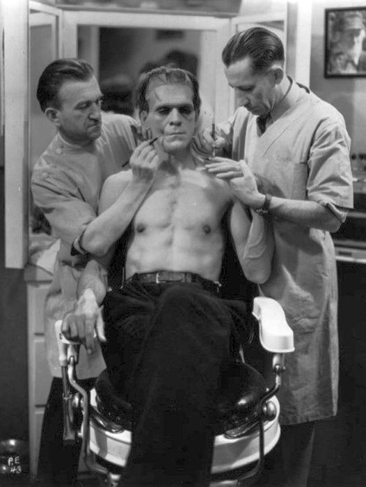 Boris Karloff behind the scenes on Frankenstein (1931).