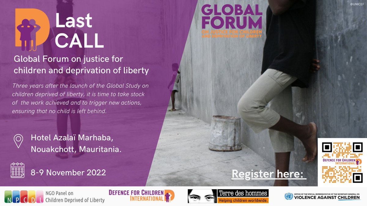 gchumanrights's tweet photo. As we mark 3 years since the publication of the Global Study on Children Deprived of Liberty #GSCDL, what progress has been made?
Join us for the #GlobalForum on 8-9 November!
Register here: https://t.co/r0HwFgp9HA
@GSCDL @DCIsecretariat @tdh_ch @tdhjustice @UN_EndViolence https://t.co/l3MLQcJEp5