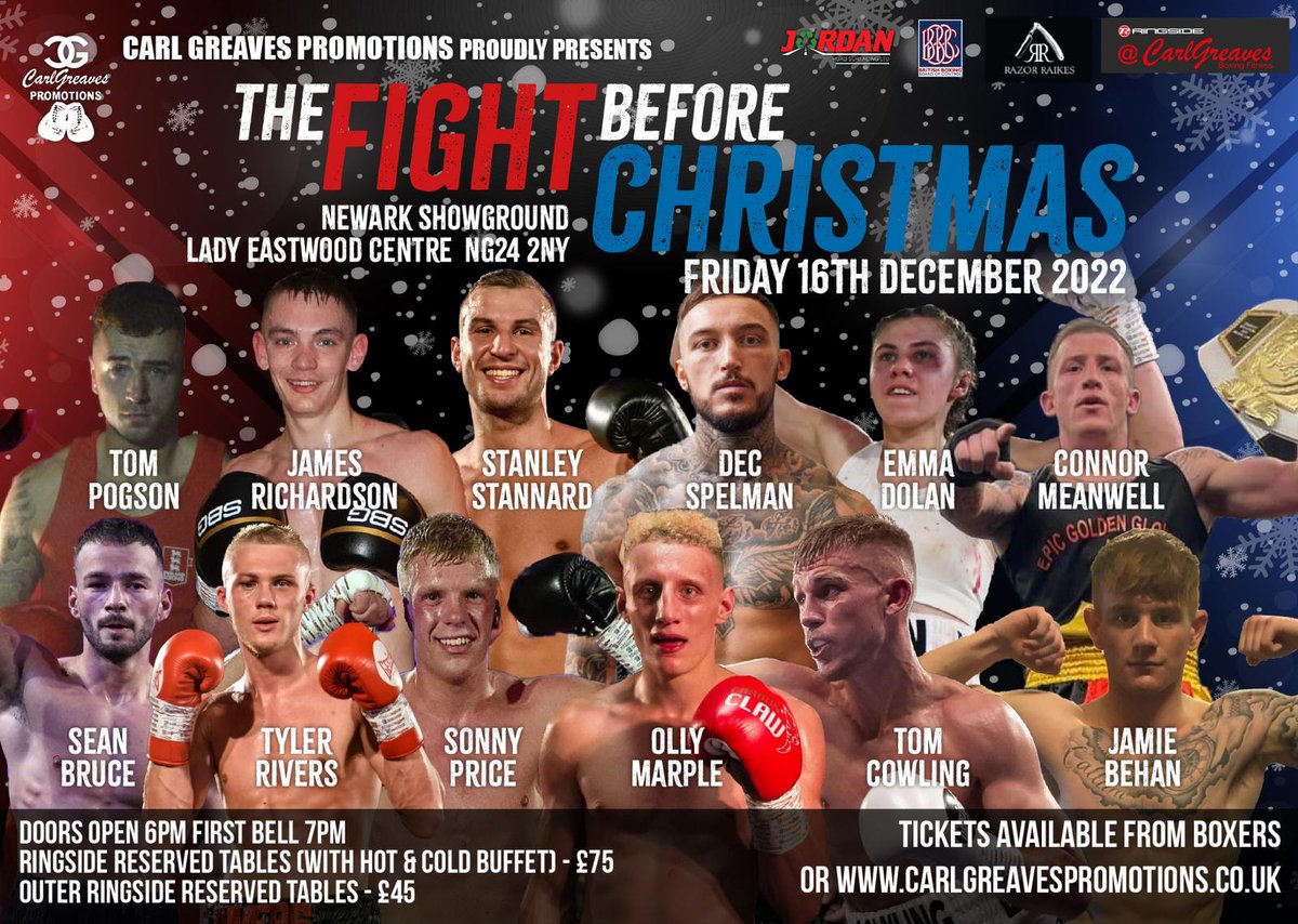 THE FIGHT BEFORE CHRISTMAS 🥊 Final show of the year 1️⃣2️⃣ fights all #CGP fighters from experienced-prospects-debutants 7️⃣ Unbeaten 4️⃣ Debutants 1️⃣ Former Champion