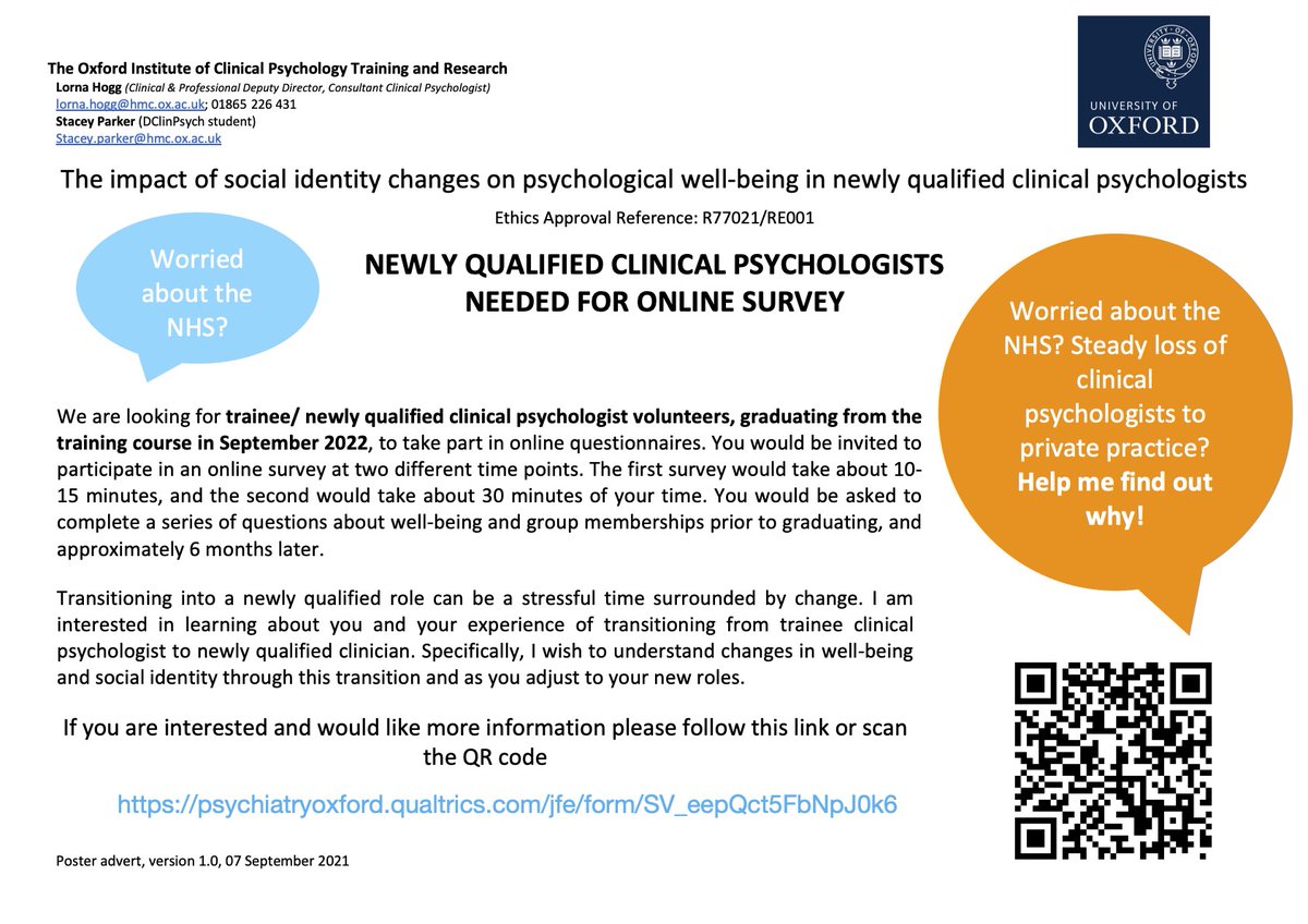 🚨 Research Alert 🚨
Really keen to hear from newly qualified clinical psychologists and your experiences transitioning from #dclinpsy trainee to clinical psychologist:
psychiatryoxford.qualtrics.com/jfe/form/SV_ee…    
Please RT!
#clinicalpsychology #research #psychology #recruitment #psychtwitter
