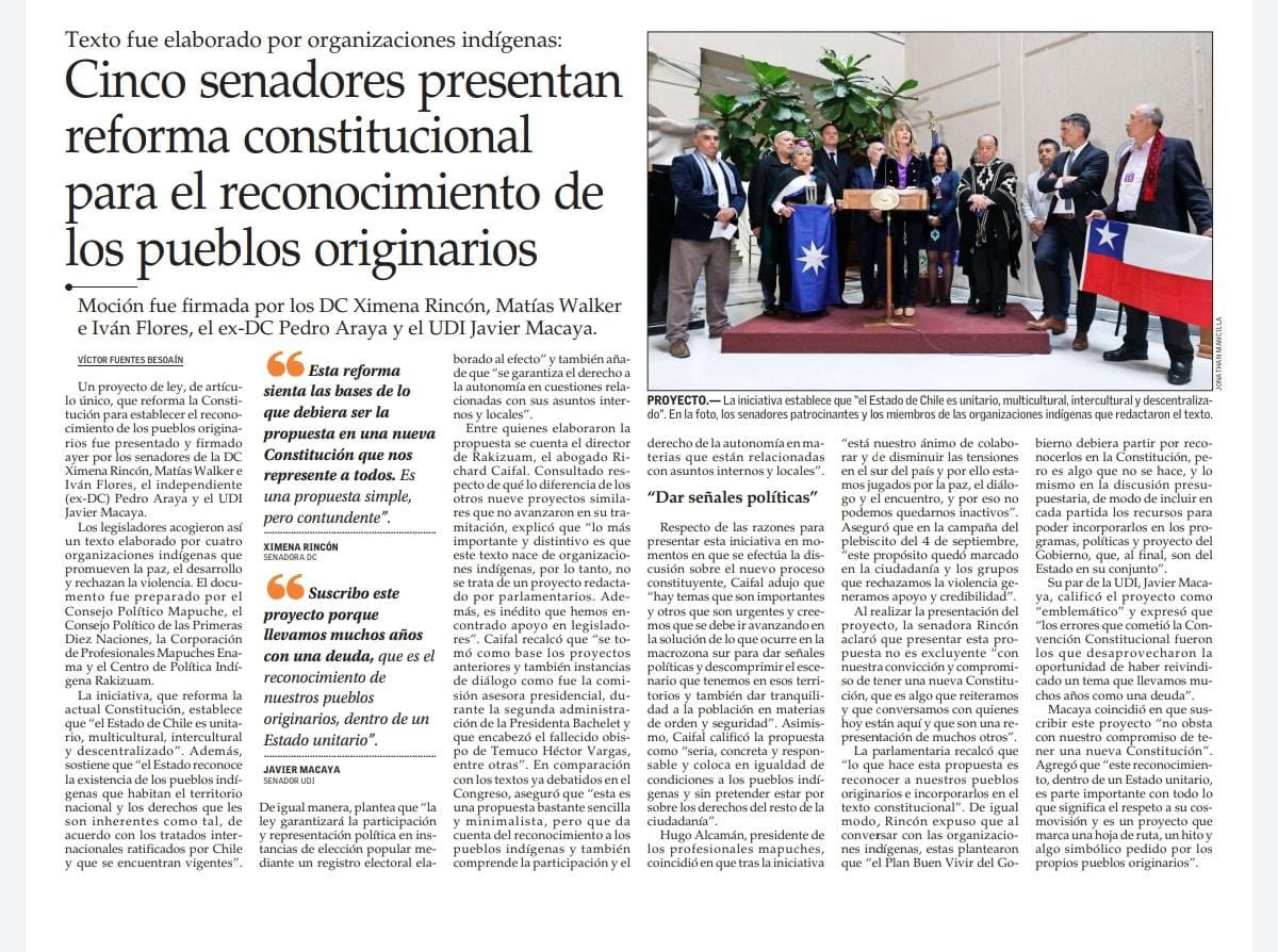 ¡Hoy, diario El Mercurio!
El reconocimiento constitucional, no solo es una justa demanda, postergada por 32 años (1989), sino una efectiva contribución a la aspirada paz social, necesaria para el desarrollo integral y la felicidad de las personas (küme mogen).