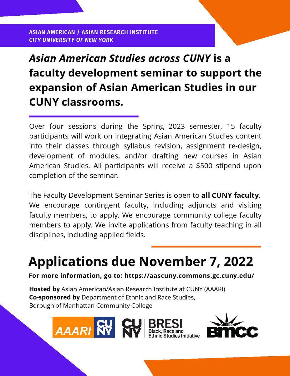 aaaricuny's tweet photo. Asian American/Asian Studies across CUNY: Faculty Development Seminar Series, open to all CUNY faculty interested in beginning, revising, or strengthening their approach to teaching Asian American Studies. Apply by 11/7 at https://t.co/cnKLGoPBQz #facultydevelopment #cunyfaculty https://t.co/qDRyDQXu19