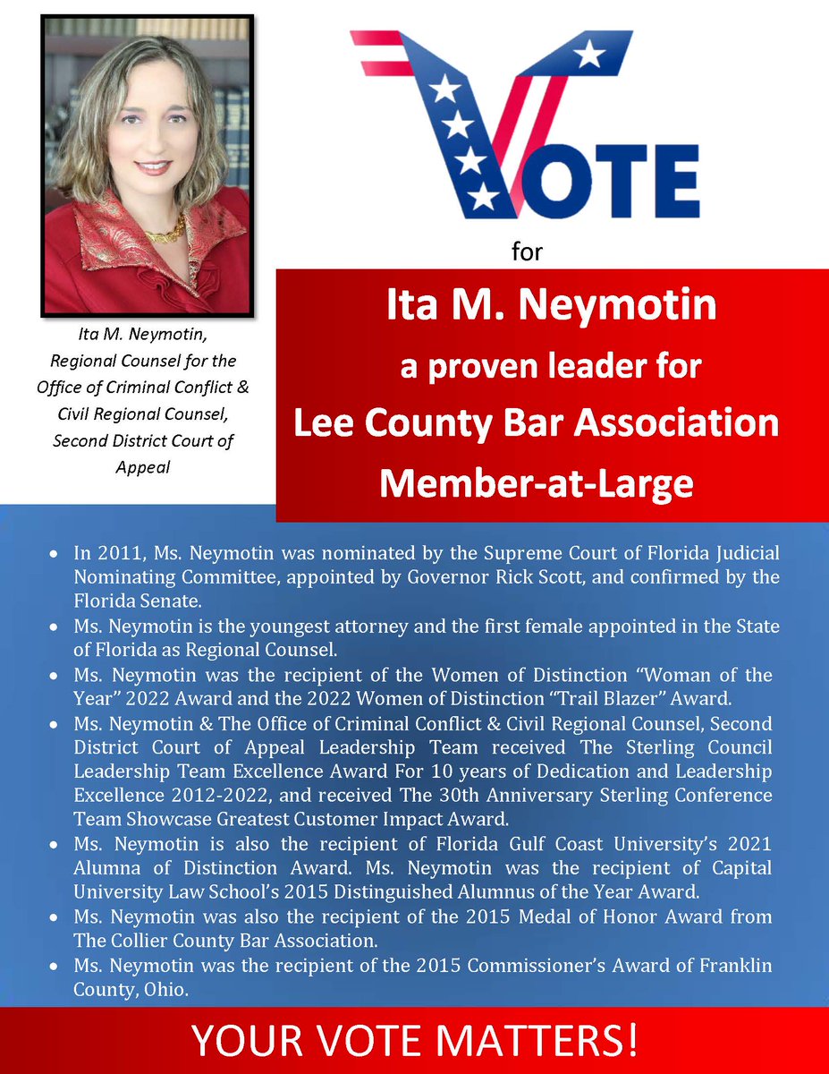 neymotin's tweet photo. I would greatly appreciate your vote for The Lee County Bar Association Member-at-Large position! https://t.co/PNoFTUs0FD