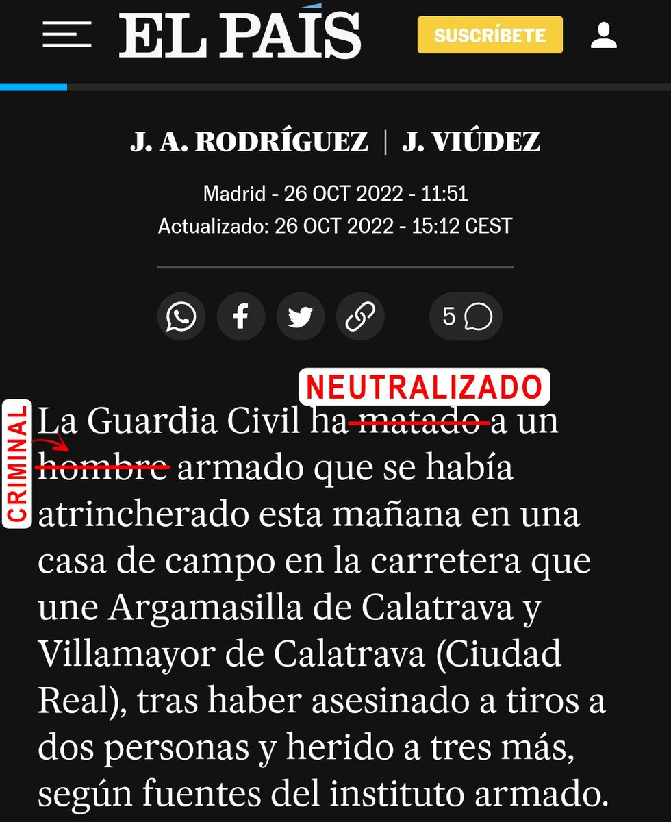 Señores de <a href="/el_pais/">EL PAÍS</a>, los guardias civiles no matan, NEUTRALIZAN amenazas.
Los que matan son los criminales, en connivencia con los medios y políticos mediocres que los blanquean y los irresponsables que los dejan en libertad sabiendo que son un peligro público.