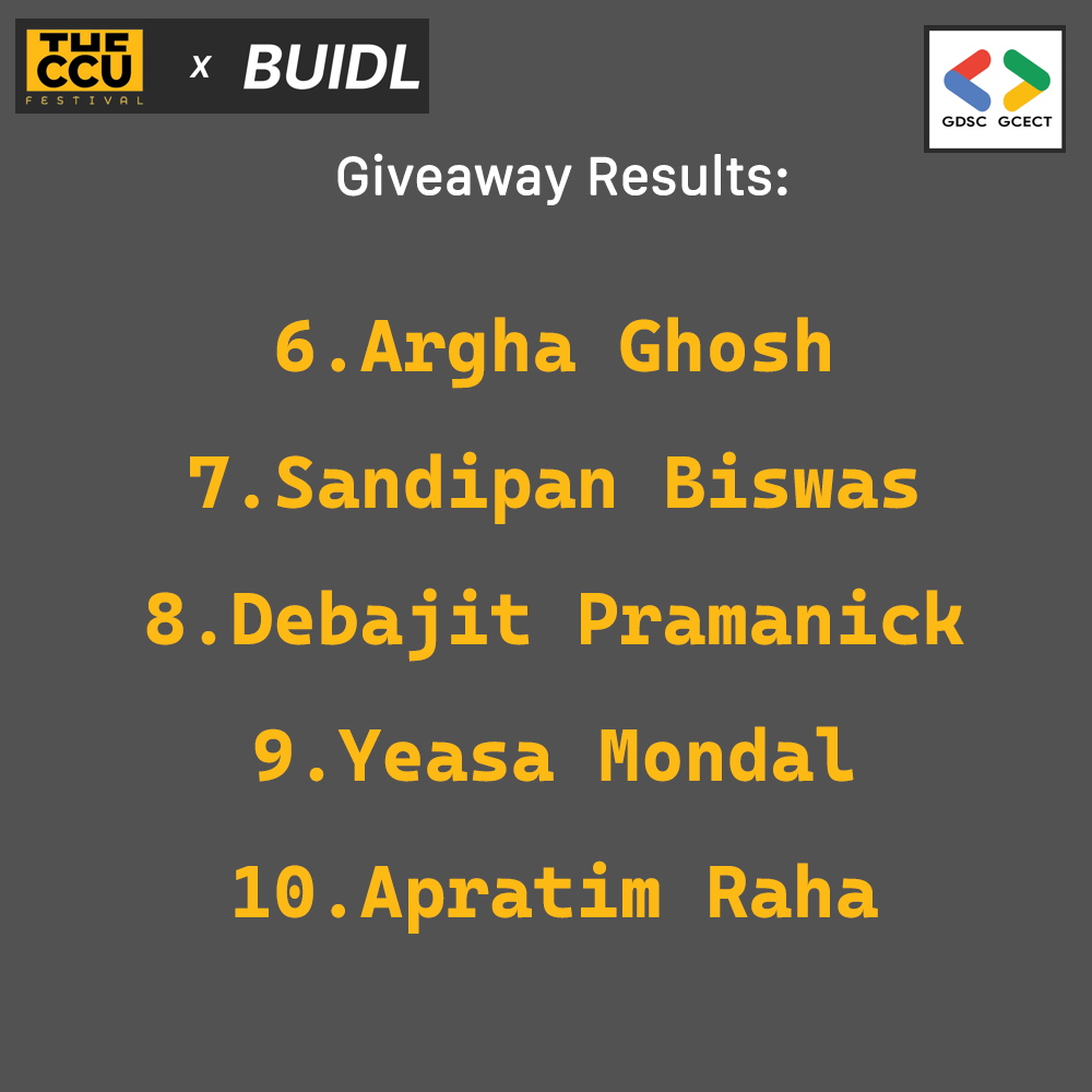 GDSCGcect's tweet photo. Hey Everyone, 
It's time to announce the winner of the giveaway #CCU Festival, collaboration with @buidlersofweb3.
Congrats Everyone, please keep a check on your emails.
See you all in the #CCU Festival on 29th October!! https://t.co/HoIR2USURA