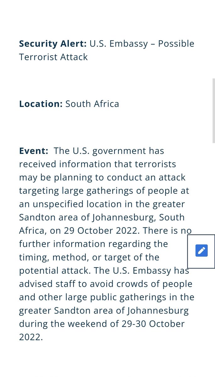 The US embassy in South Africa has warned of a 'possible terrorist attack' in the greater Sandton area of Johannesburg between 29-30th October.