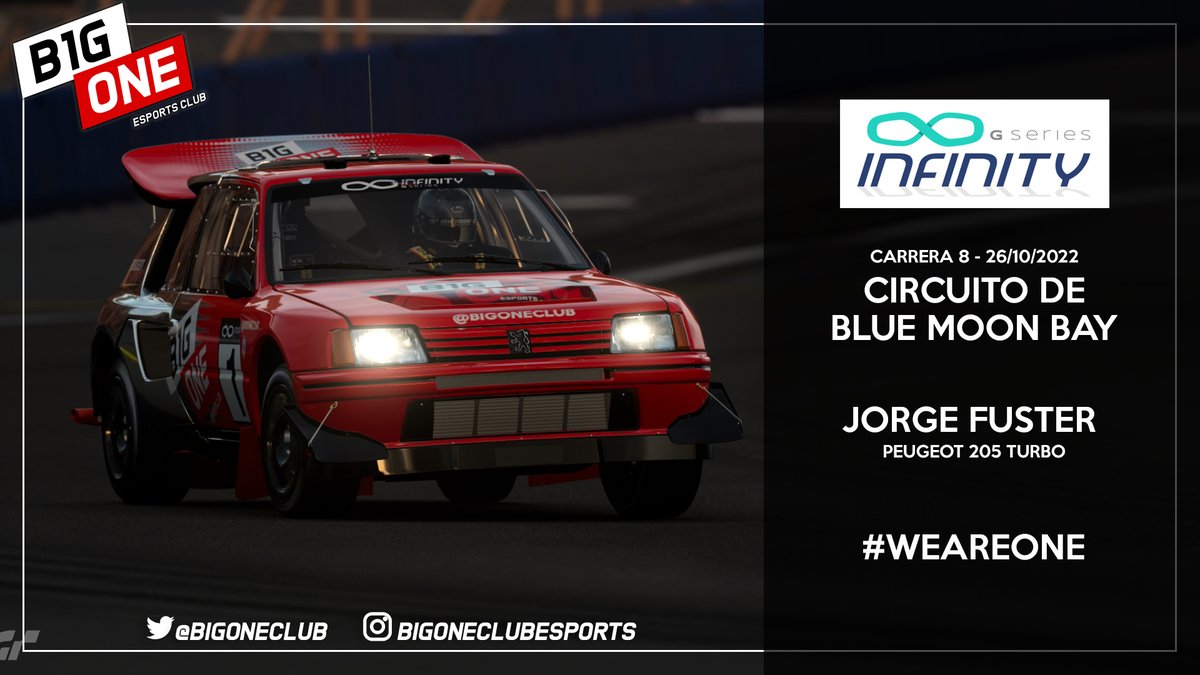 #GT7 

Última carrera de la temporada en las
 <a href="/InfinityGSeries/">Infinity GSeries</a> 🚀

Toca domar el <a href="/PeugeotES/">Peugeot España</a> 205 Turbo, una bestia histórica del automovilismo en Blue Moon Bay.

<a href="/fustynho/">FuStY</a> estará en pista

21:30h en directo

Retransmisión:
twitch.tv/alejandro_garn…

¡Vamos Jorge!

❤️#WeAreOne