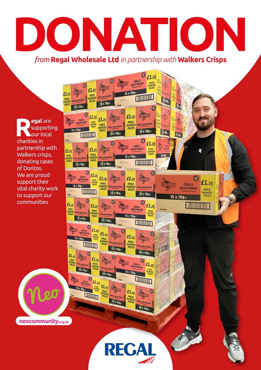 RegalUK's tweet photo. Regal are supporting @NEOCatering in partnership with @walkers_crisps by donating cases of Doritos crisps. We are proud support their vital charity work to support our local communities with food assistance https://t.co/DmjCyKNTcd