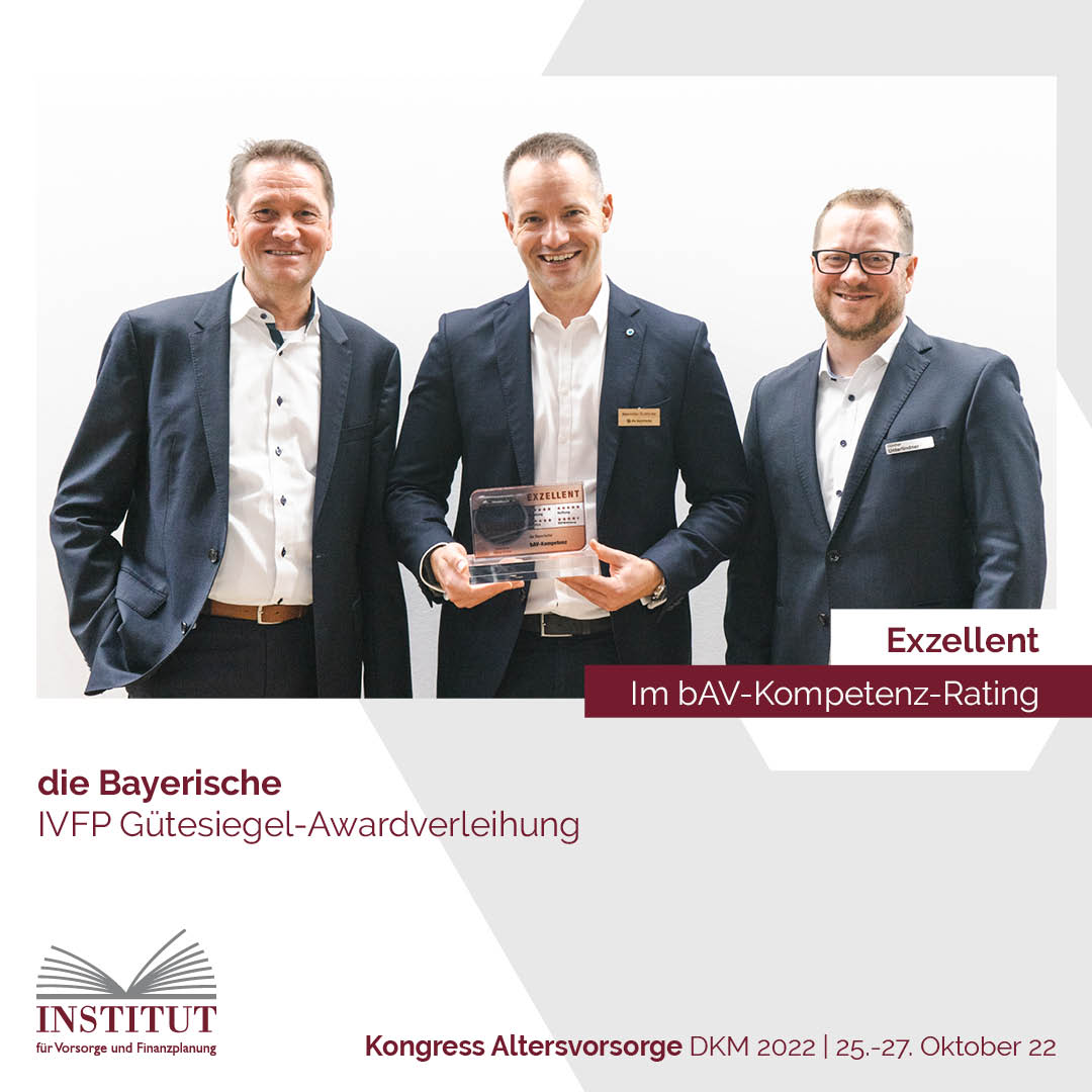 Wir gratulieren der Bayerischen zum #Gütesiegel-Award und der 5-Sterne-Bewertung in unserem bAV-Kompetenz-Rating! 

Die Übergabe erfolgte durch Prof. Michael Hauer und Günther Unterlindner an Maximillian Buddecke.