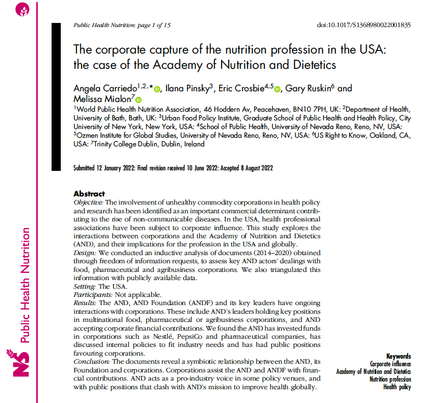 En este artículo <a href="/acarriedo/">Angela Carriedo</a>, I Pinsky, E Crosbie <a href="/garyruskin/">Gary Ruskin</a>⁩ &amp; @MIALONMelissa analizan comunicaciones internas de la Academy of Nutrition &amp; Dietetics (AND) con la industria alimentaria, farmacéutica y agroindustrial doi.org/10.1017/S13689… 
Spoiler alert #ConflictOfInterest🧵