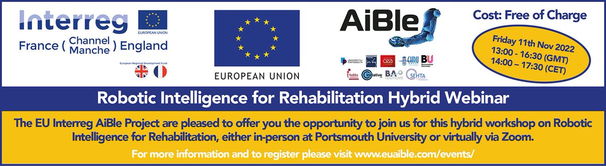 SEHTA_UK's tweet photo. Join us on 11 Nov for @portsmouthuni @Channel_Manche @eu_aible Robotic Intelligence for Rehabilitation Hybrid Workshop. Limited places left - FREE to attend πhttps://t.co/mhwFcFdMUI
#stroke #neurology #SMEs #medtech #gait #exoskeleton #roboticdevices #neurorehab https://t.co/cjFe4UA34o