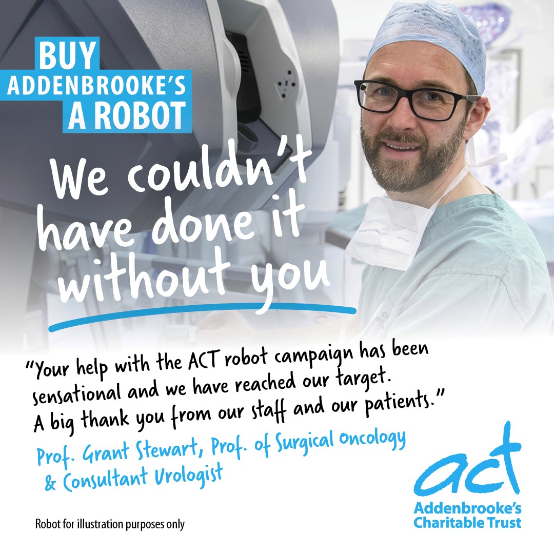 We're thrilled to announce that thanks to our fantastic supporters we've reached our £1.5million target to buy a new surgical robot for @CUH_NHS in just 18 months🙌 Read more 👇act4addenbrookes.org.uk/about-us/news/…