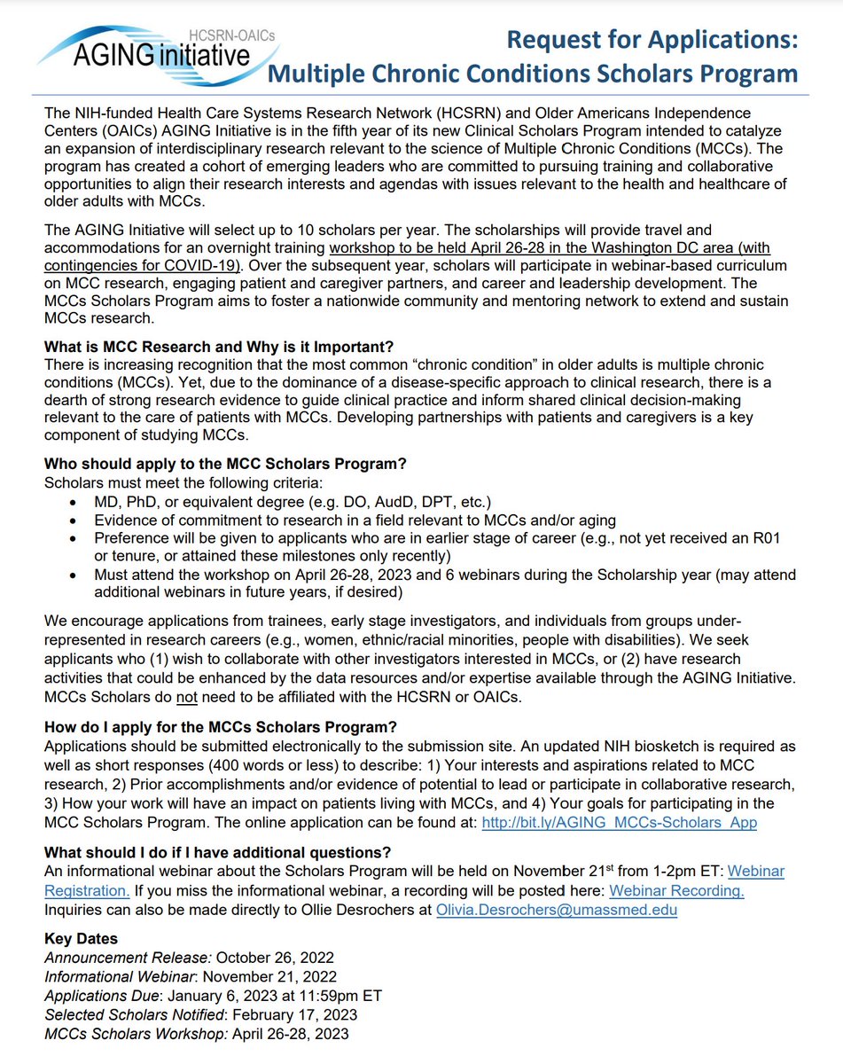 📣Apply NOW for the fifth cycle of the AGING Initiative’s MCCs Scholars Program! Become part of a research cohort of emerging leaders older adults with MCCs!  

Application deadline is Jan 6th.➡️ arcsapps.umassmed.edu/redcap/surveys…

To learn more, see the RFA at theaginginitiative.files.wordpress.com/2022/10/aging_…
