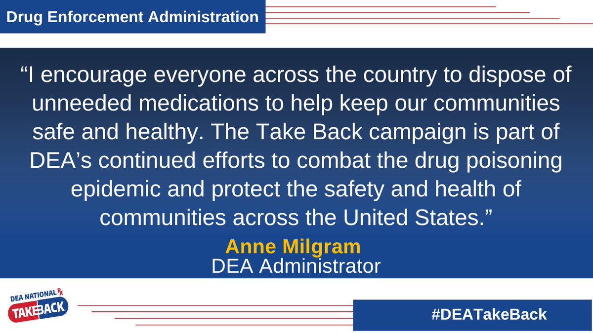 DEAHQ's tweet photo. DEA Gears Up for National Prescription Drug  #TakeBackDay, Saturday, October 29. Anonymously dispose of unneeded medications at more than 4,000 local drop-off locations nationwide.

https://t.co/In8LfPBuER https://t.co/jwE9XmVsaG