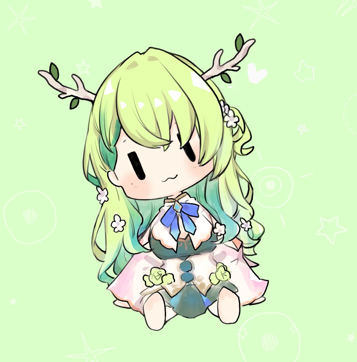 ceres fauna 1girl green hair chibi antlers :3 solo hair flower  illustration images