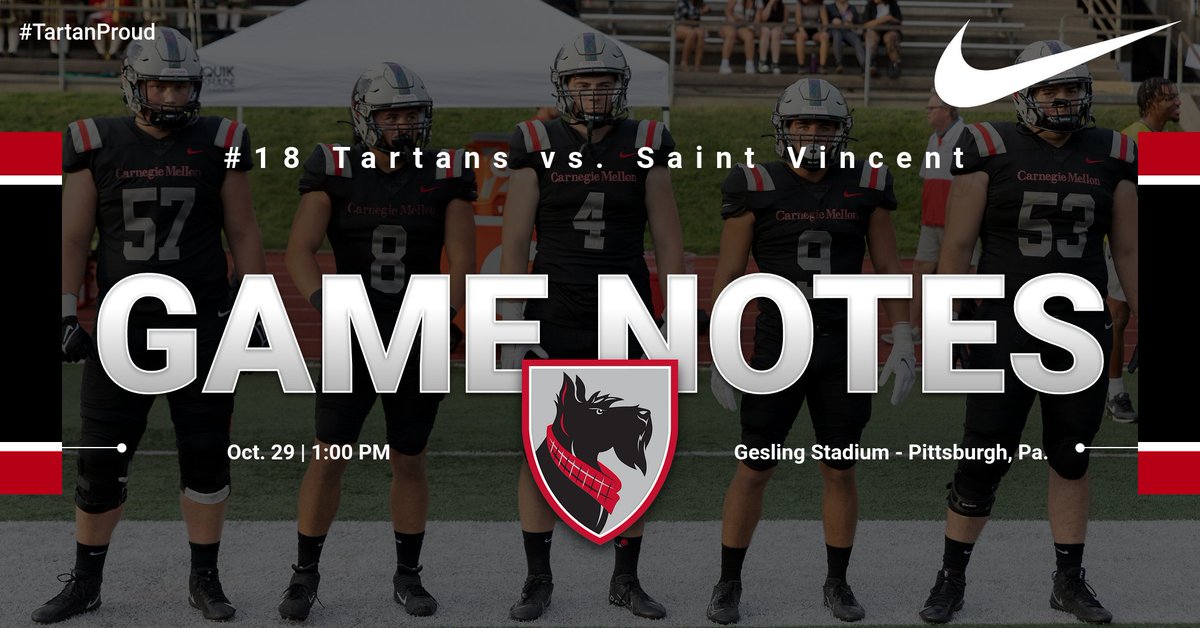 FB Game Notes: #18 @TartanFB hosts Saint Vincent Saturday, 10/29. Kick is set for 1 pm at Gesling Stadium. d2o2figo6ddd0g.cloudfront.net/u/7/26e0h5k9u4…