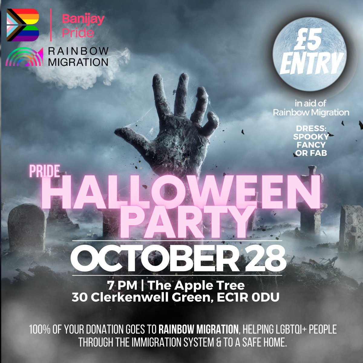 Join us to party Halloween-style! A special fundraiser in aid of Rainbow Migration – helping displaced or vulnerable LGBTQ+ people through the immigration process and to a safer home. Performances and prizes to be won!👻🎃🌈