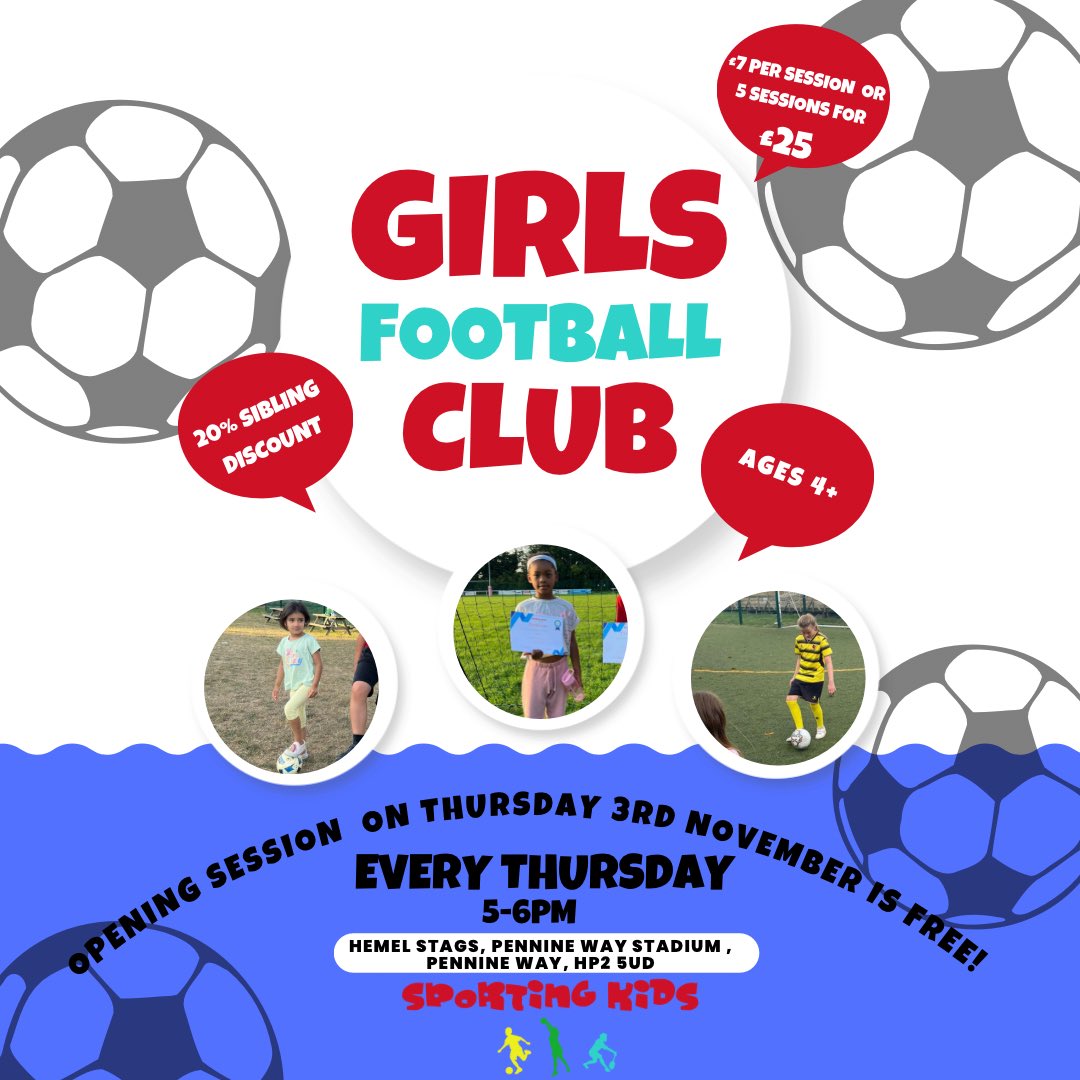 We’re going to be running an all girls football club every thursday starting November 3rd!⚽️ Our opening session will be FREE for girls aged 4+. No need to sign up, just come along😁please message us with any enquiries👍🏽 #girlsfootball #footballclub #hemelhempstead #hertfordshire