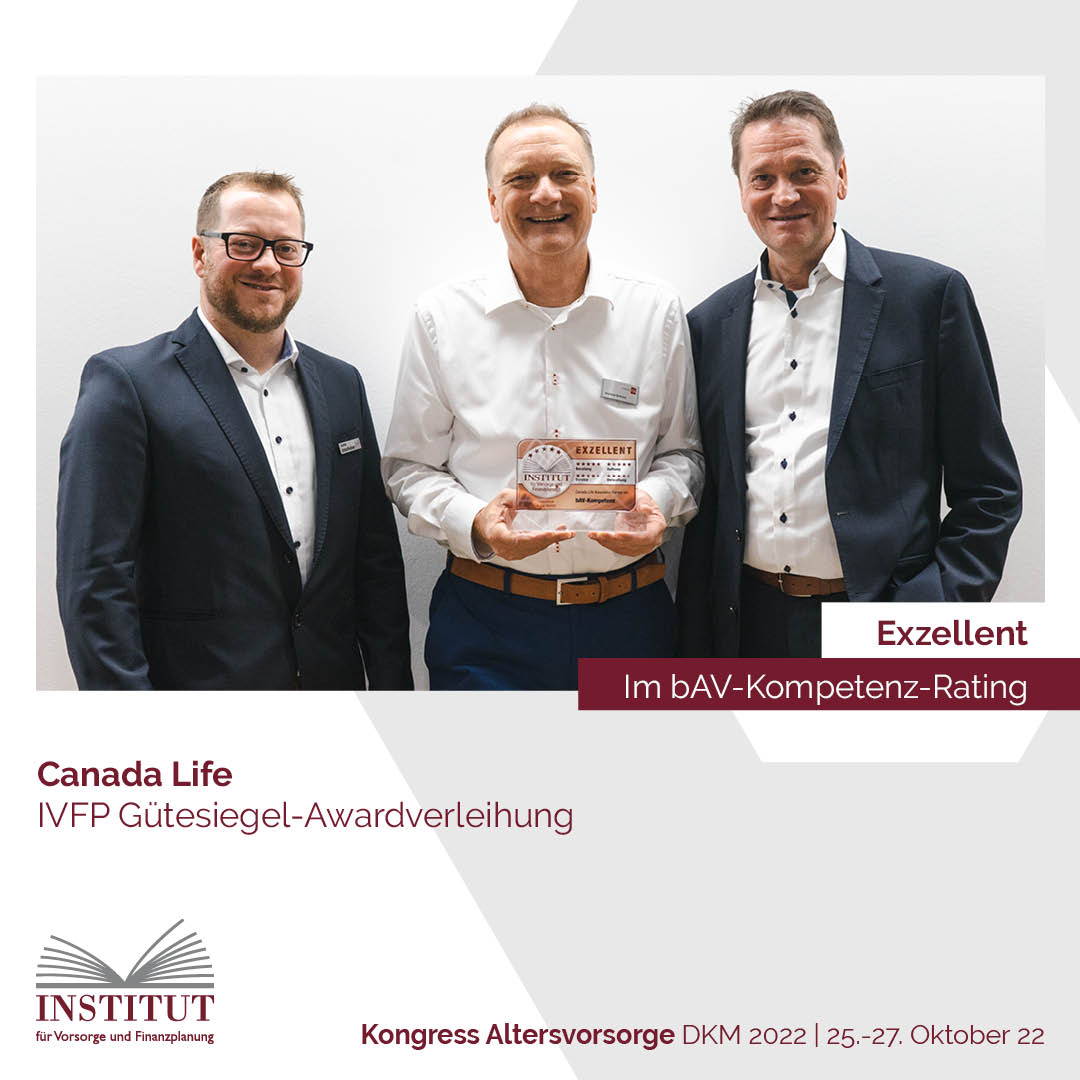 Wir gratulieren der Canada Life zum #Gütesiegel-Award und der 5-Sterne-Bewertung in unserem bAV-Kompetenz-Rating! 

Die Übergabe erfolgte durch Prof. Michael Hauer und Günther Unterlindner an Andreas Behrens.