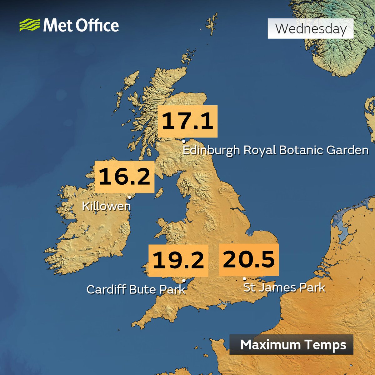 metoffice's tweet photo. Temperatures today have been closer to what we would typically see in late August than late October!

Here's a look at today's provisional top temperatures across the 4 home nations 👇 https://t.co/MGWtV8Bzaf