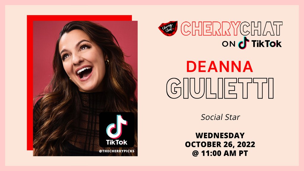 Today's #CherryChat is going to be held on TIKTOK LIVE! Head over to the @tiktok app and follow us at @thecherrypicks so you get notified when we go live! Social star @deannagiulietti will be joining us on TikTok Live at 11am PT (2pm ET). 🍒 Tune in: tiktok.com/@thecherrypicks