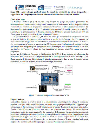 sb_brest's tweet photo. 📣 Offre de stage en #master2  en #intelligenceartificielle pour l'analyse de la marche des #enfants avec #ParalysieCérébrale. @LaTIM @BEaCHILD @IRIMAS @UBO_UnivBrest  - @CHRU_Brest  @fondation_ildys #handicap #enfant #bioengineering https://t.co/BIMjrfXWzZ