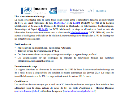 sb_brest's tweet photo. 📣 Offre de stage en #master2  en #intelligenceartificielle pour l'analyse de la marche des #enfants avec #ParalysieCérébrale. @LaTIM @BEaCHILD @IRIMAS @UBO_UnivBrest  - @CHRU_Brest  @fondation_ildys #handicap #enfant #bioengineering https://t.co/BIMjrfXWzZ