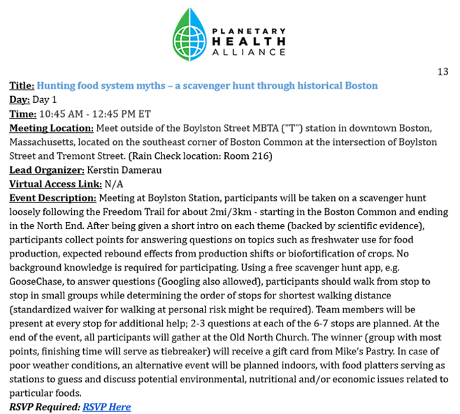 Going to #PHAM2022 next week? Want to get  outdoors, stretch your legs, explore Boston, demystify the food system, &amp; a chance at a prize? 

Check out our team's interactive side event on Oct 31st. Reserve your spot for free at bit.ly/3DzLtFd
<a href="/GlobalFoodTeam/">Cornell Food Systems & Global Change</a> <a href="/ph_alliance/">Planetary Health Alliance</a>